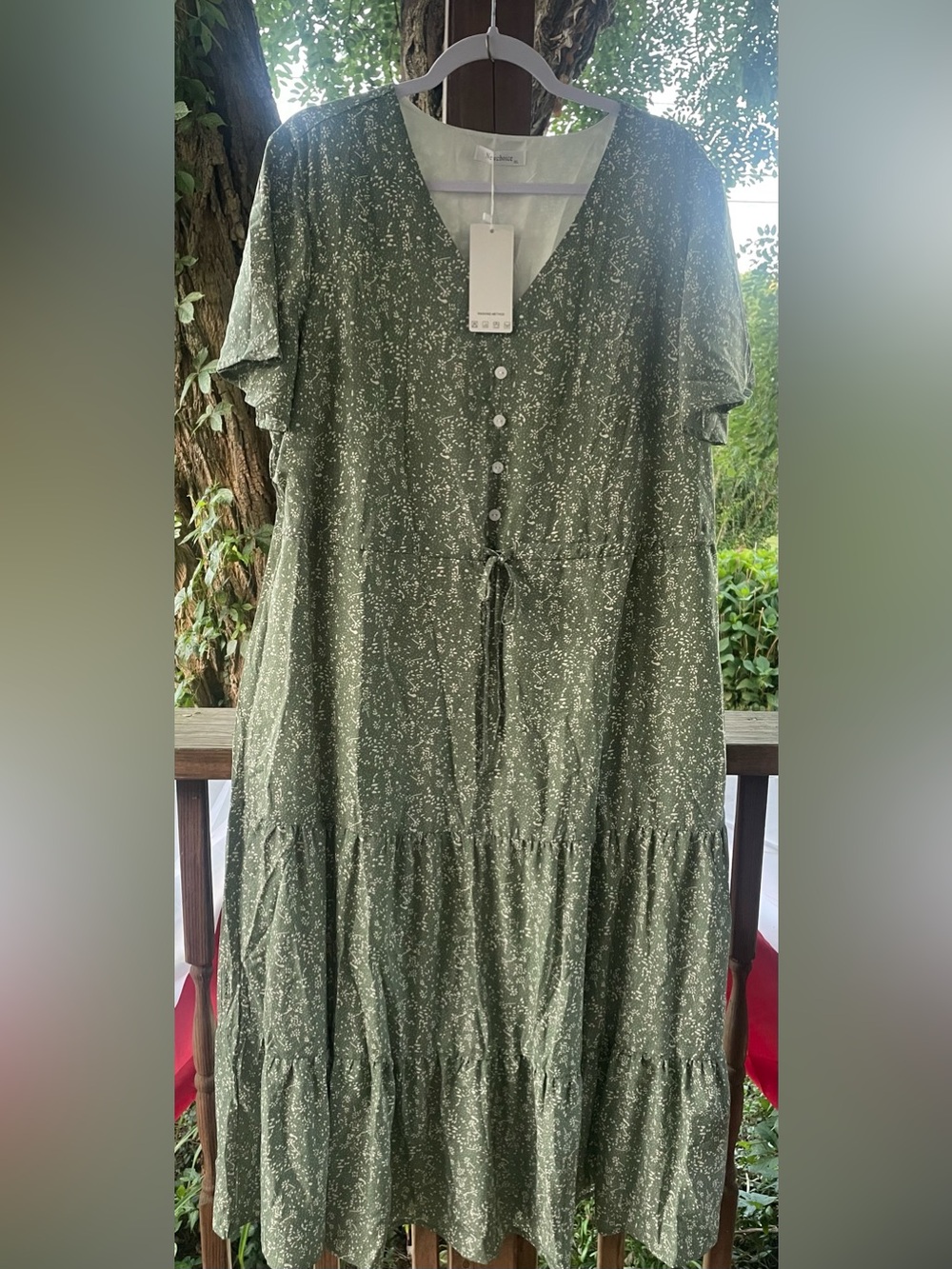 New Choice Olive Green Floral Button-Front Tiered Dress Flutter Sleeves Size XL